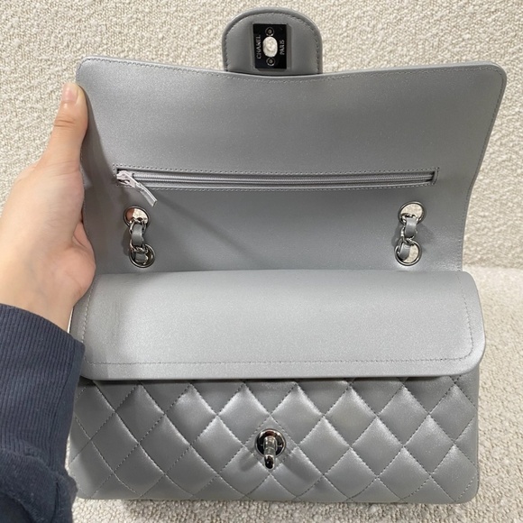 Authentic Chanel Classic Flap Bag Silver Lambskin Bag Medium - Picture 9 of 14